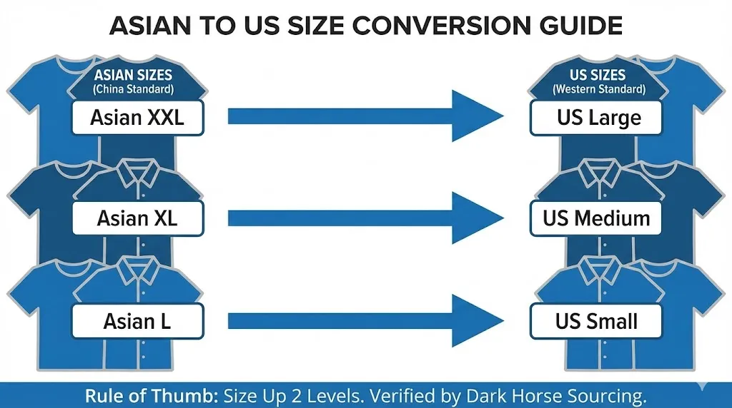 Dark Horse Sourcing'in hazırladığı 'Asya'dan ABD Bedenine Dönüştürme Kılavuzu' başlıklı infografik, Çin ve Batı standartları arasındaki kıyafet bedeni farklılıklarını gösteriyor ve Asya XXL'in US Large, XL'in Medium ve L'nin Small olduğunu gösteriyor.